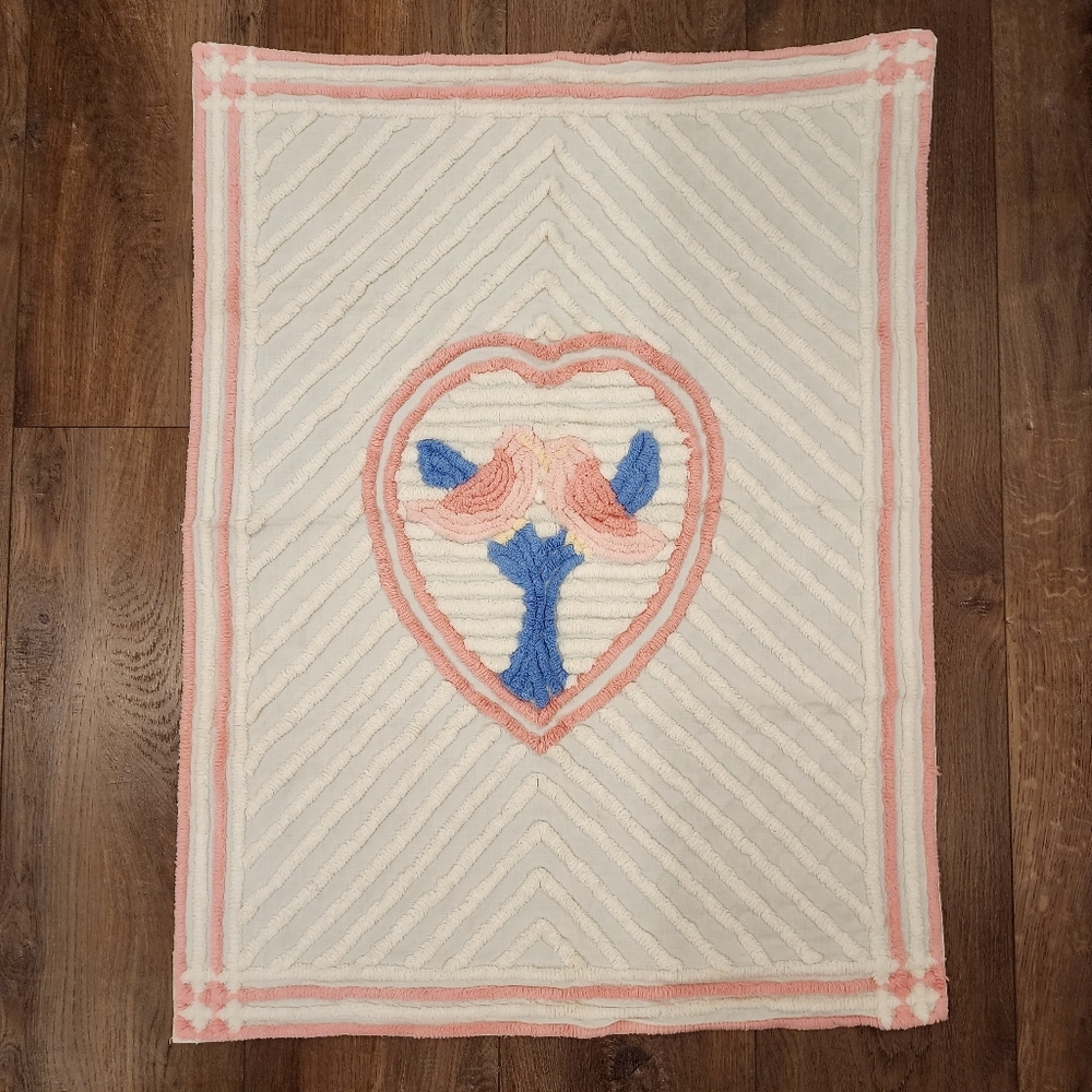Vintage Chenille Lovebird Bath Mat Rug Wall Hanging Table Runner 1950s 1960s